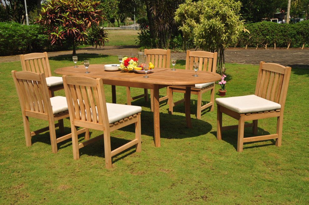 7-Piece Outdoor Teak Dining Set 94" Extension Oval Table, 6 Devon Armless Chairs