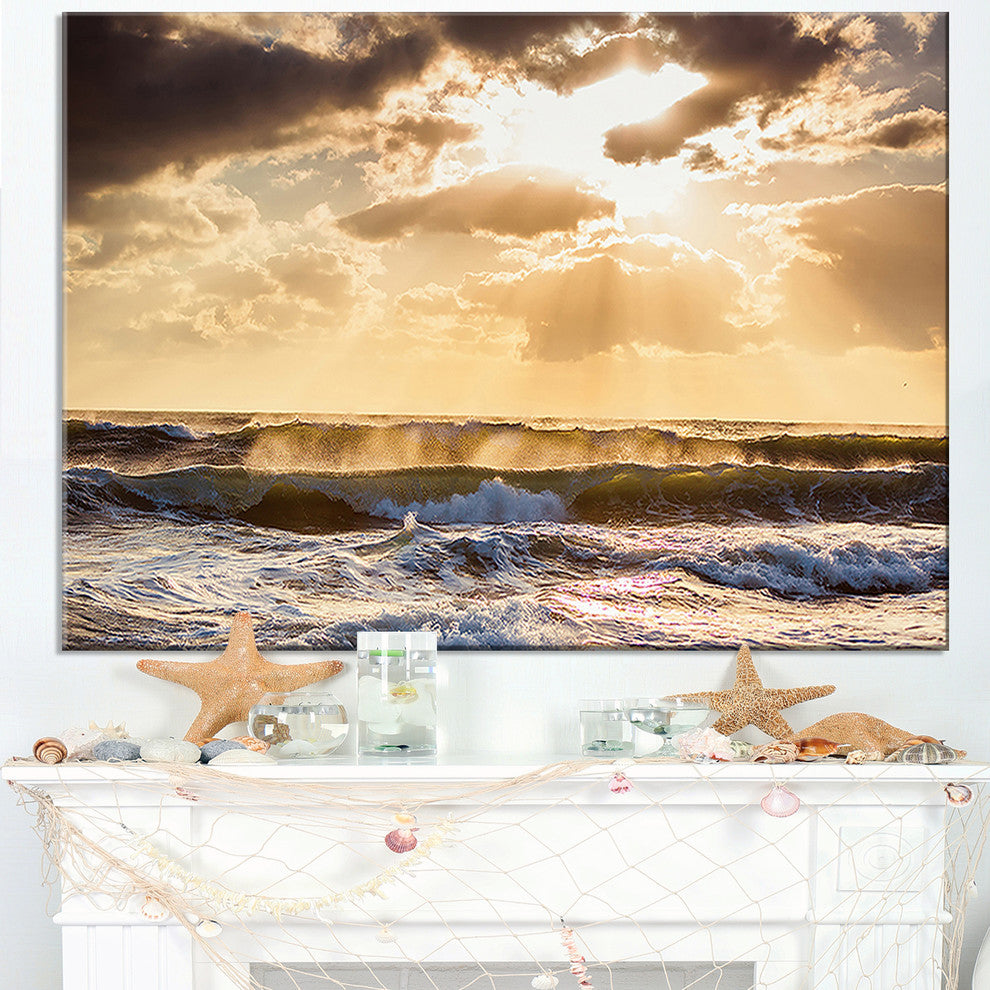 "Sunrise And Roaring Blue Sea Waves" Beach Canvas Wall Art, 40"x20"