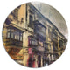 Old City Street Watercolor Painting, Cityscape Disc Metal Artwork, 11"
