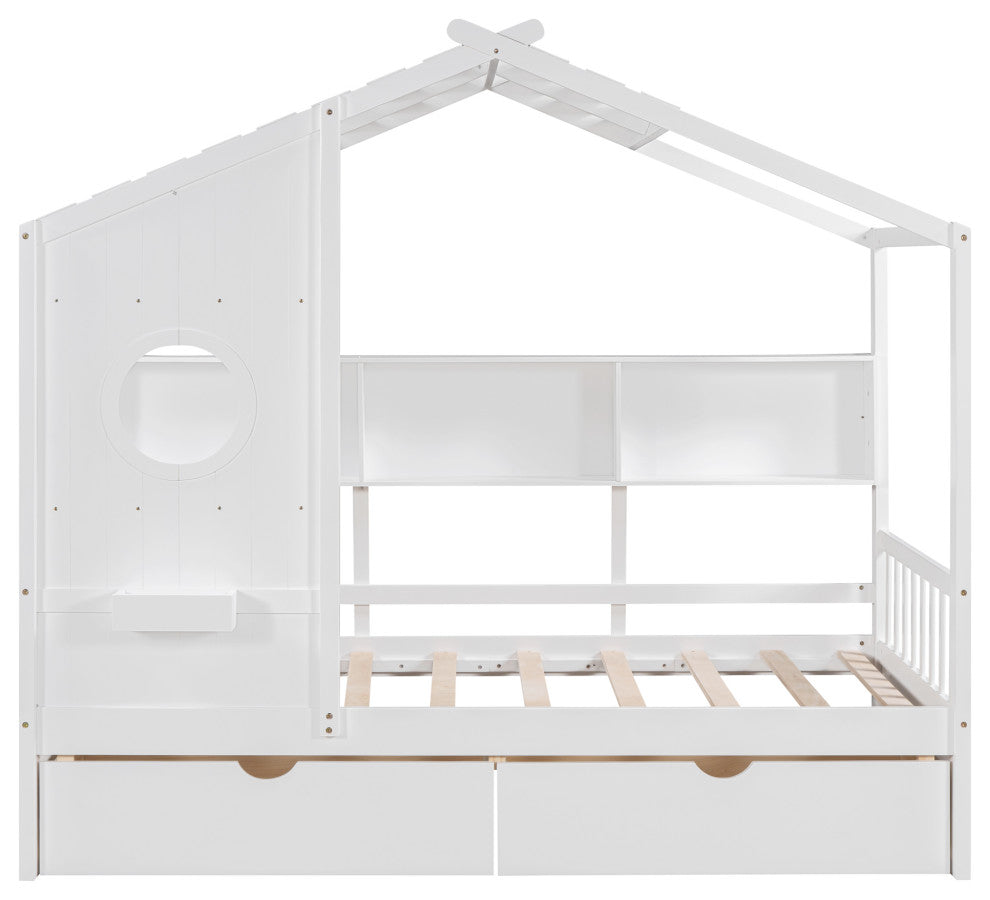 Gewnee  Wooden Twin Size House Bed with 2 Drawers