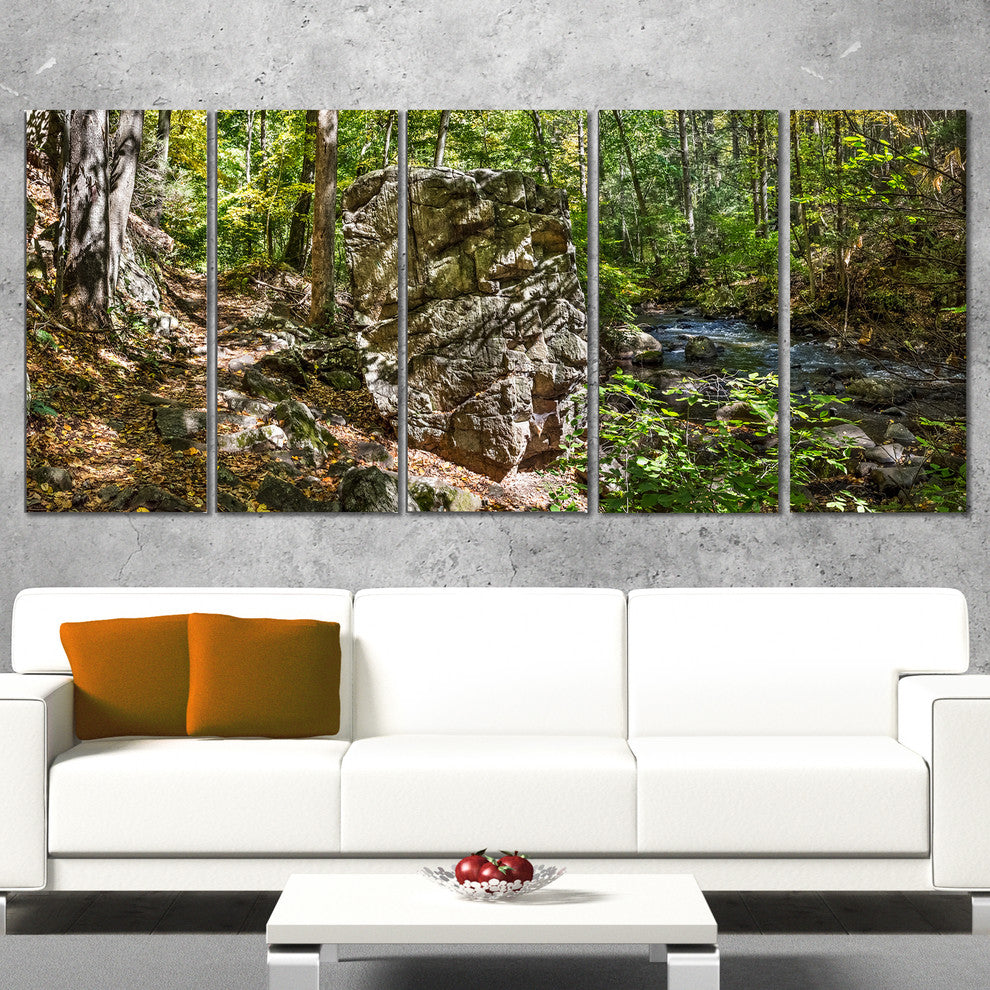 "Huge Rock in Black River Shore" Landscape Wall Art Wall Art, 5 Panels, 60"x28"