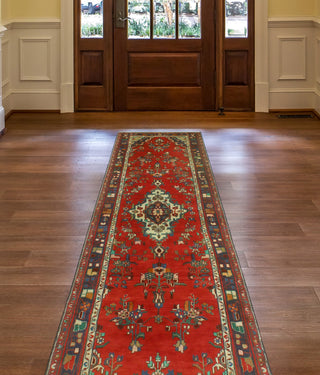 Fine Vintage Distressed Kokumo Red/Navy Runner, 3'4 x 12'1