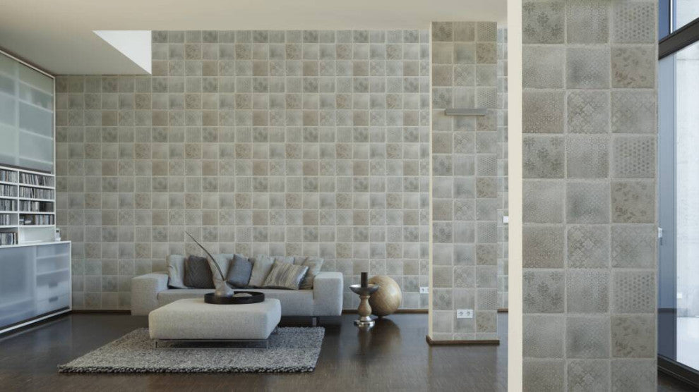 Textured Wallpaper, Flower Ornaments, Brown Gren Silver, 1 Roll