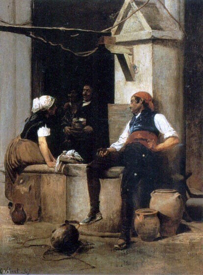 Jehan-Georges Vibert Chatting by the Fountain, 21"x28" Gallery Wrapped Canvas
