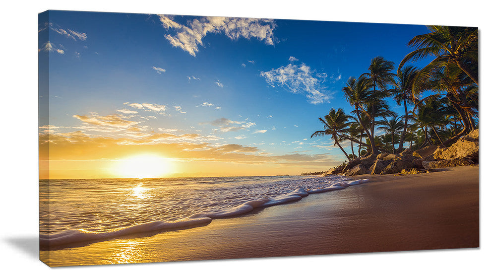 Paradise Tropical Island Beach Sunrise, Seashore Canvas Art Print, 32"x16"