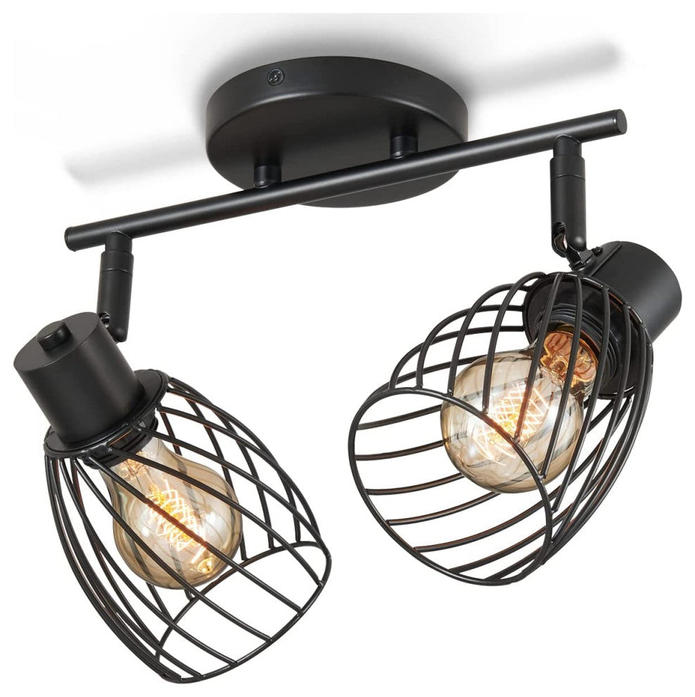 2 Light Semi Flush Mount, Farmhouse, Vintage, Cage, Black