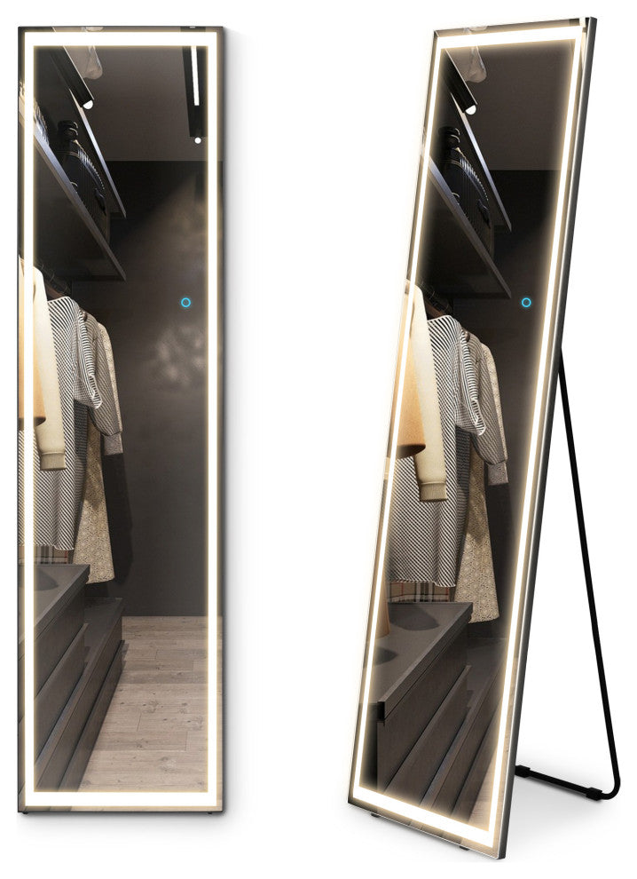 Queena Dimmable Multi-Color Touch Switch LED Full Length Floor Mirror, Black Fra