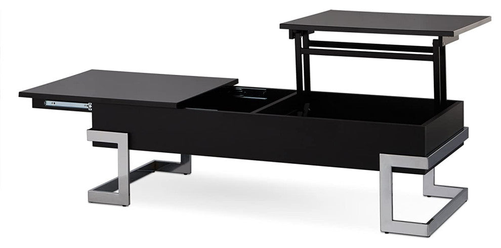 Modern Coffee Table, Unique Design With Chrome Base & Lift Up Tray Top, Black