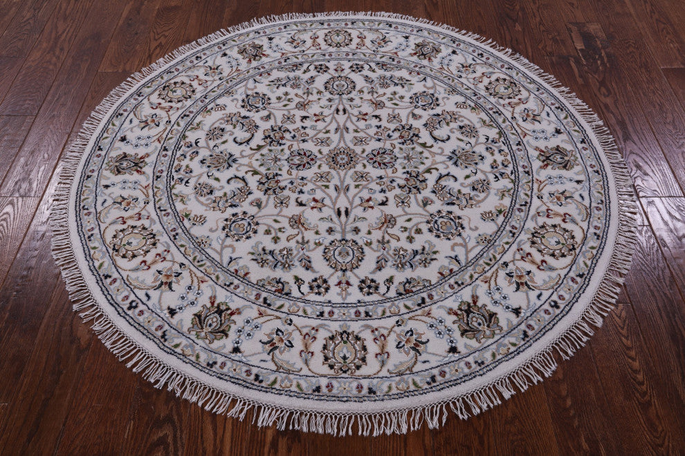 5' Round Persian Nain Hand Knotted Wool & Silk Rug - Q14715