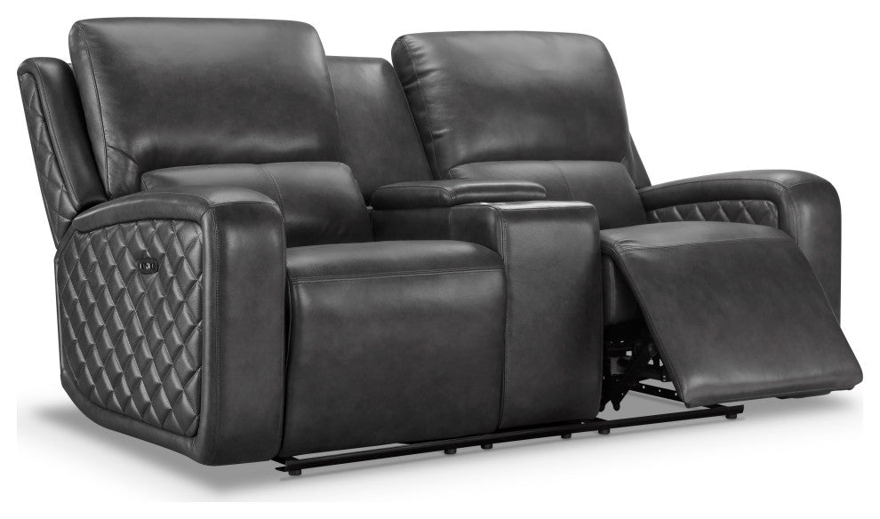 Dean Leather Power Reclining Console loveseat, Power Headrest, Gray