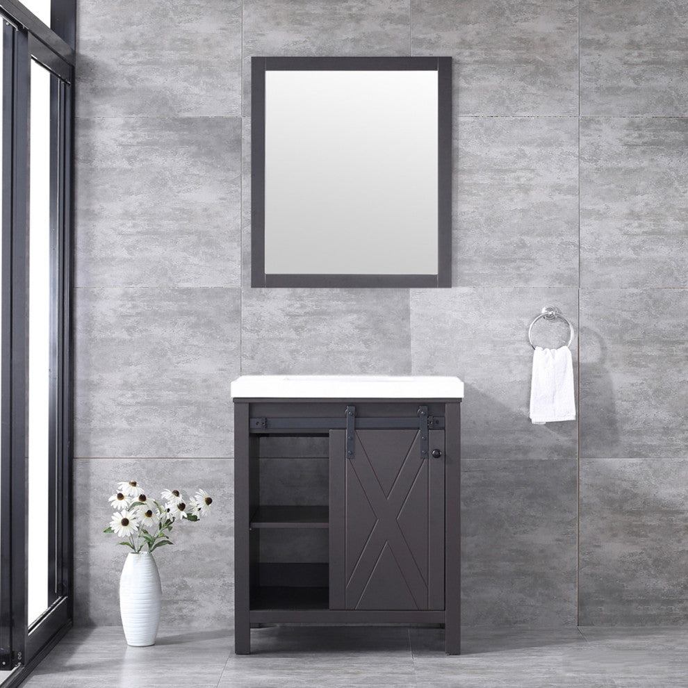 Marsyas 30" Brown Single Vanity Cabinet Quartz Top Square Sink, 28" Wall Mirror