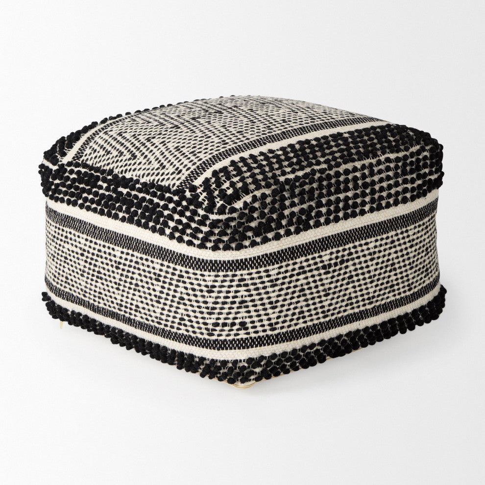 Garima 22Lx22Wx14H Black/White Wool and Cotton Patterned Pouf