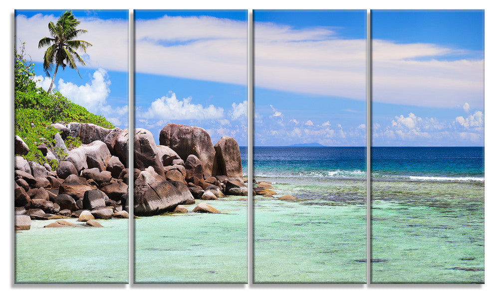 "Beautiful Seychelles Rocky Coast" Landscape Wall Art, 4 Panels, 48"x28"