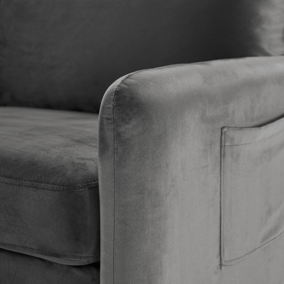 Trout Gray Velvet Modern Loveseat With Side Pockets