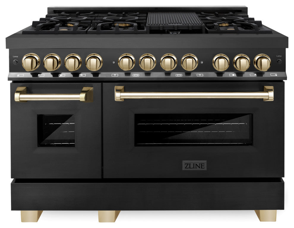 ZLINE 48" Dual Fuel Range, Black Stainless Steel With Gold Accents RABZ-48-G