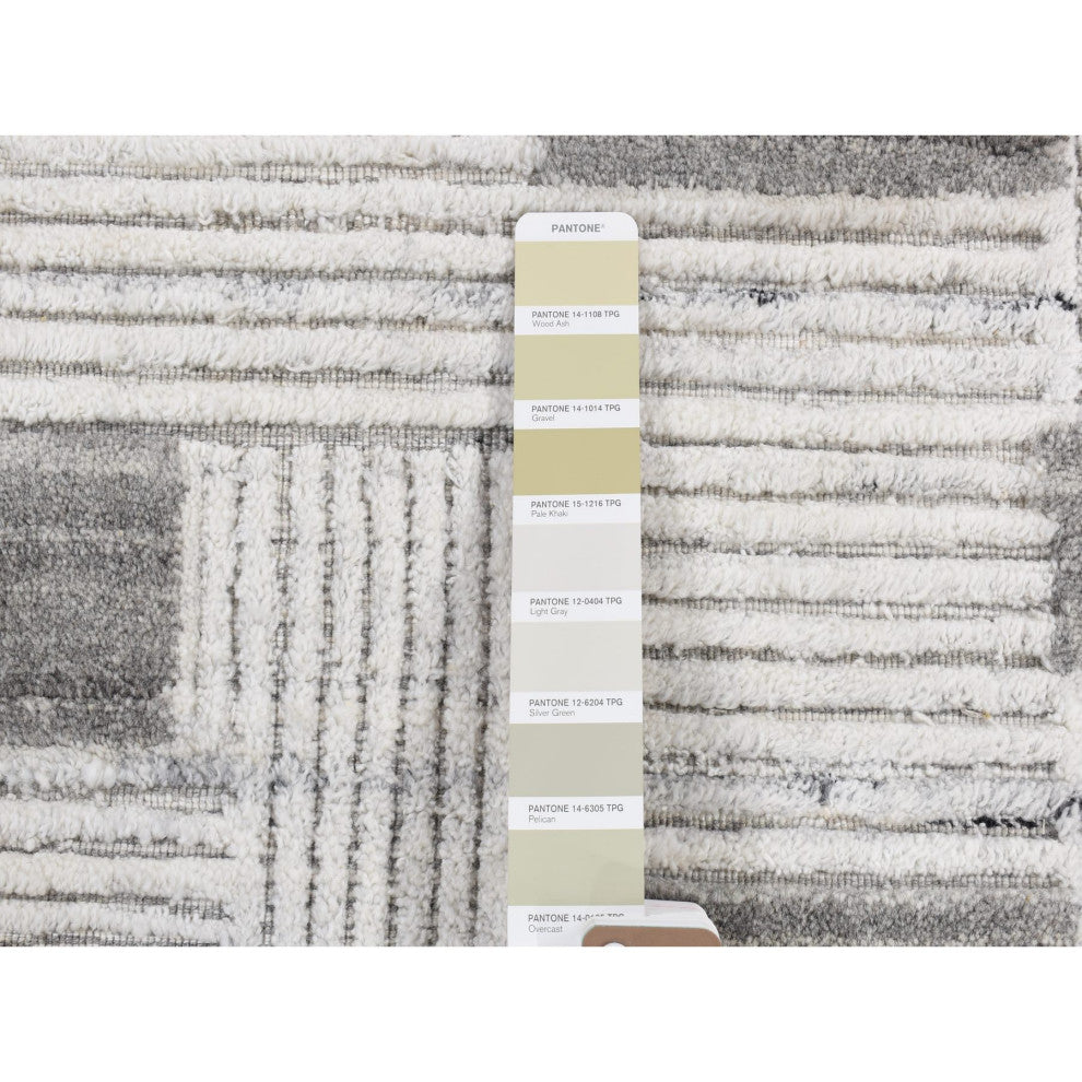 Light Gray Geometric Art Deco Style Pure Wool Hand Loomed Mat Rug, 2'0"x3'0"