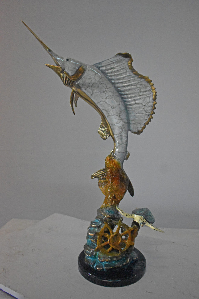 Sailfish with Turtle Bronze Statue - Size: 12"L x 18"W x 31"H.