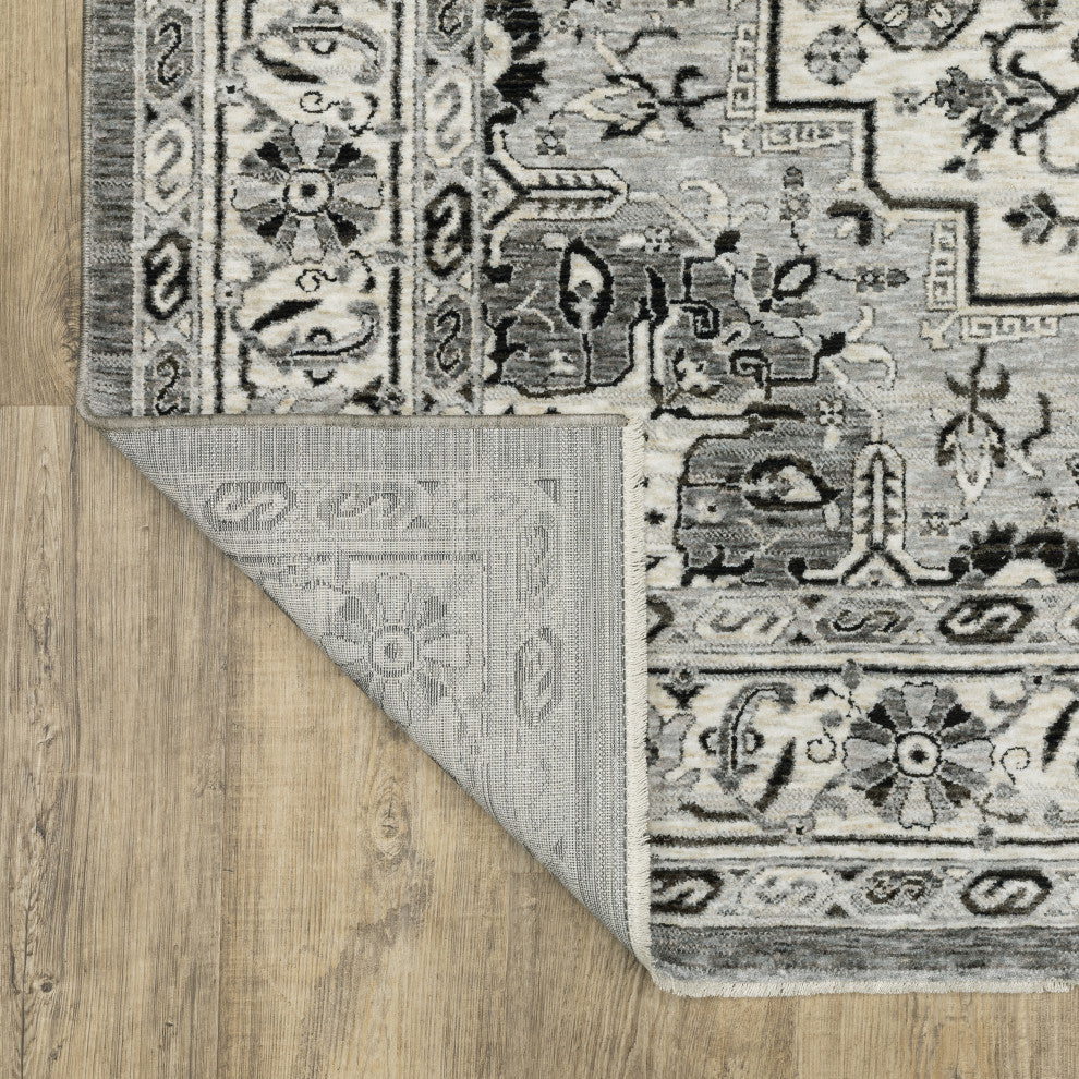 Callum Compass Medallion Grey/Ivory Fringe Edge Rug Runner