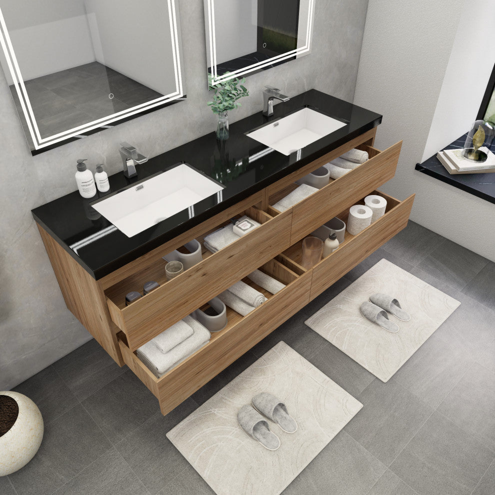 Belli 72" Double Sink Wall Mount Vanity Set, Natural Oak, Matt Black Top