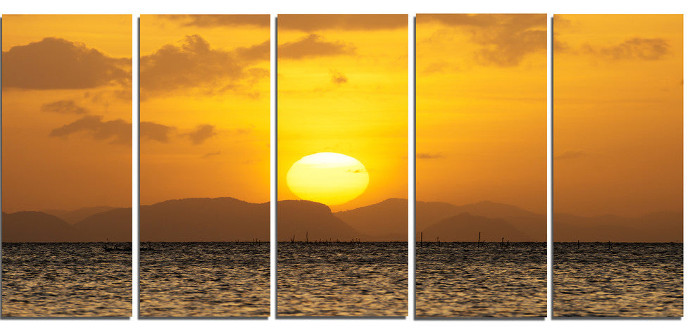 Yellow Sunset and Brown Ocean, Seashore Canvas Print, 60"x28", 5 Panels