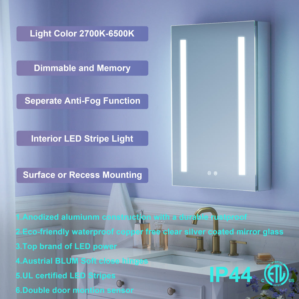Recessed/Surface Mount LED Medicine Cabinet Mirror with Defogger, 20"x30" Left Hinge
