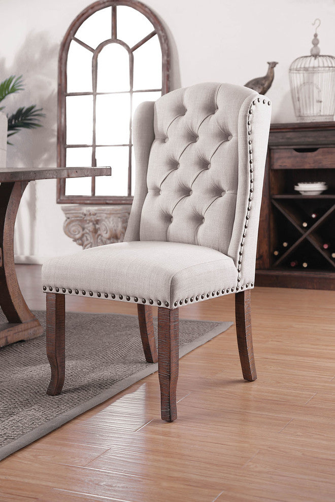 Benzara BM183674 Button Tufted Fabric Wingback Chair, Cream & Brown, S/2