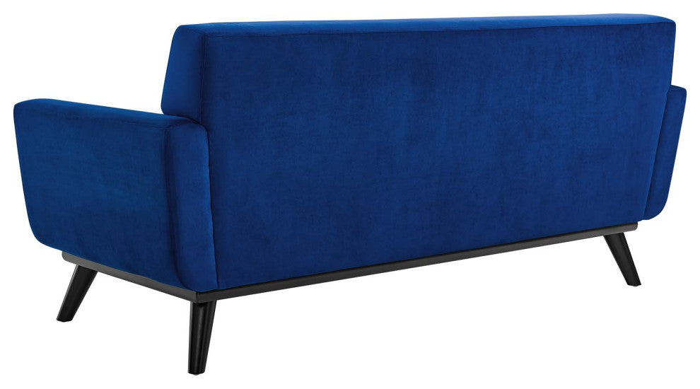 Loveseat Sofa, Blue Navy, Velvet, Modern, Mid Century Hotel Lounge Cafe Lobby