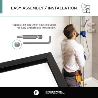 Single Fixed Glass Shower Panel - Clear Tempered Full Frame Shower Glass Door, Black, 34"
