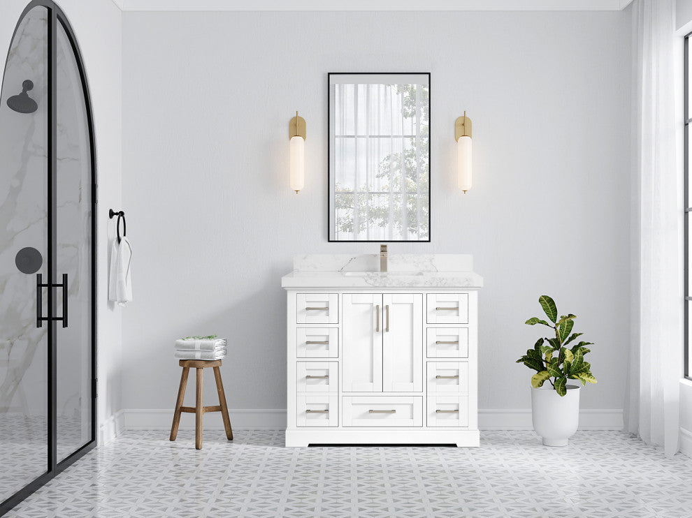 Boston 42 Single Sink Bath Vanity in White 2" Calacatta Nuvo