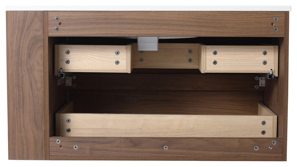 36" Plywood Wall Mounting Bath Vanity Set, Brown Oak, Gel Sink