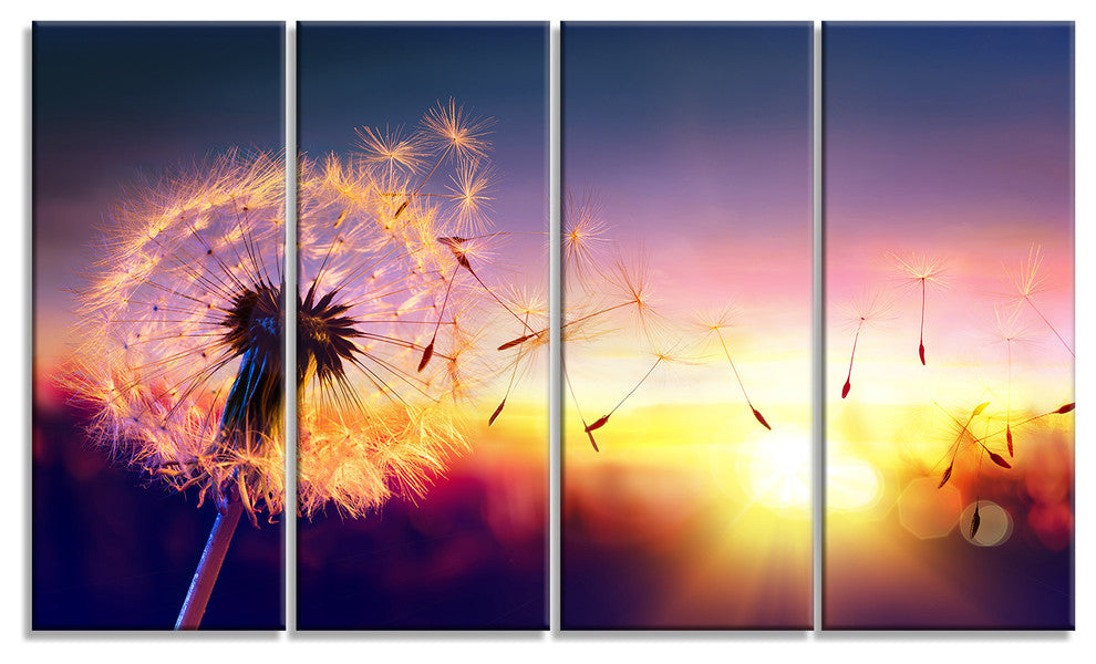 Dandelion at Sunset Freedom to Wish, Abstract Wall Art Canvas, 48"x28", 4 Panels