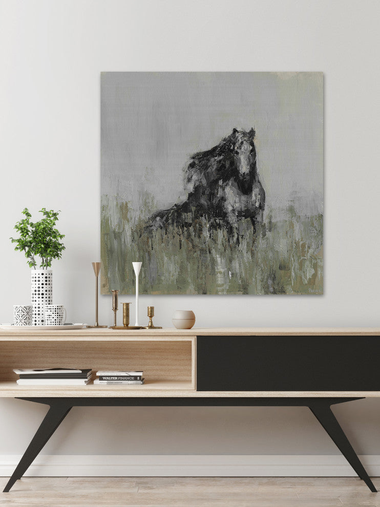 "Dark Horse at the Meadow" Painting Print on Wrapped Canvas, 48"x48"