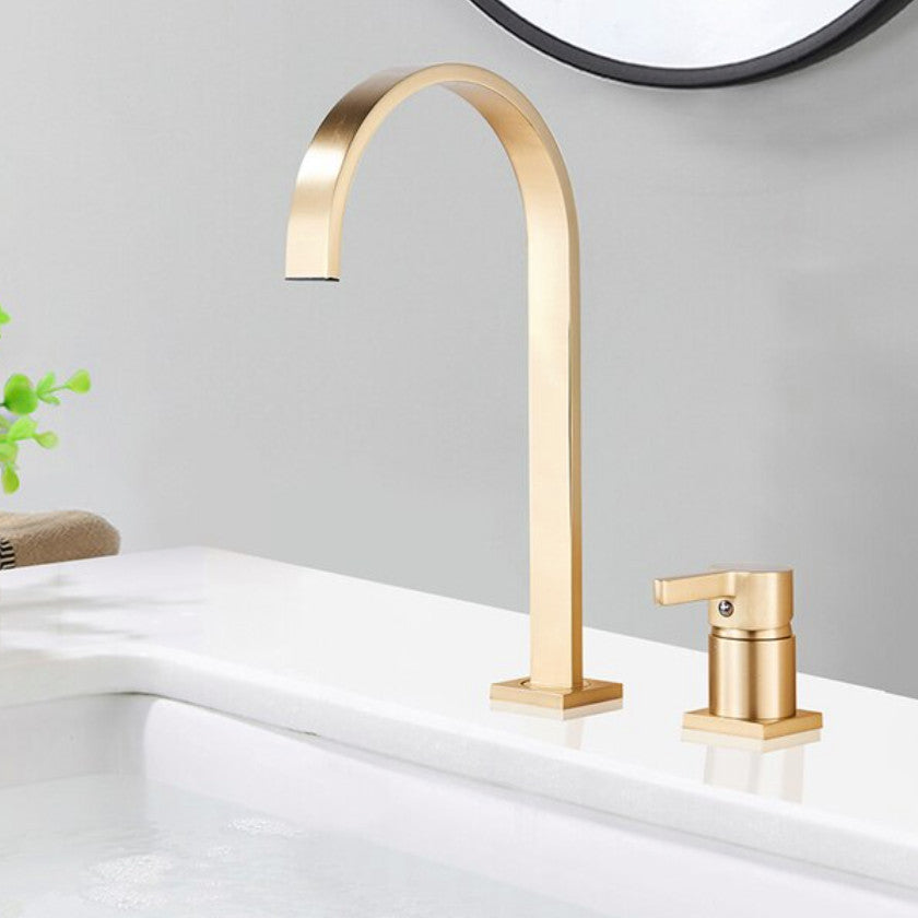 Brushed Gold Solid Brass Deck Mounted Bathroom Sink Faucet