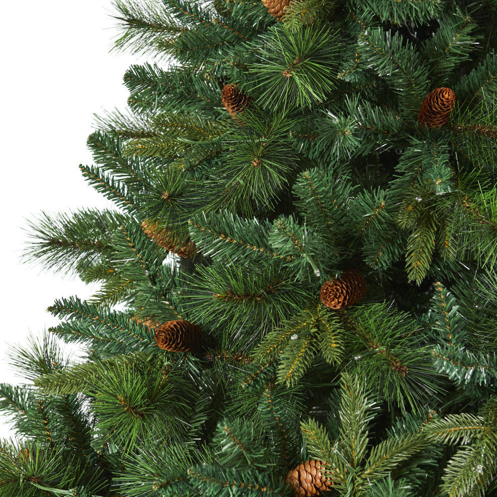 7.5' West Virginia Full Bodied Mixed Pine Faux Xmas Tree W/ Lights & Pinecones