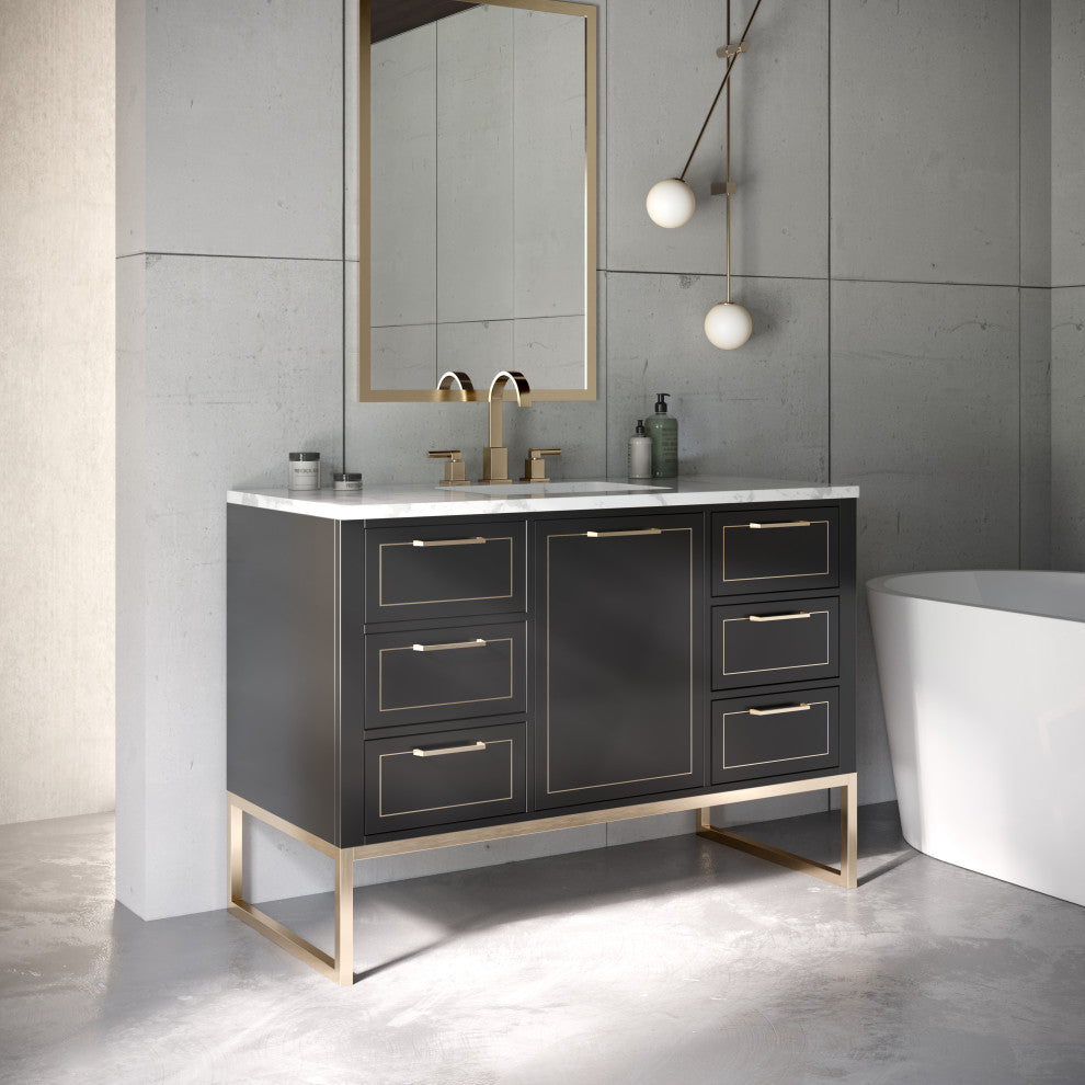 Markham 48" Bathroom Vanity, Midnight Black/Satin Brass, 48", Quartz Countertop
