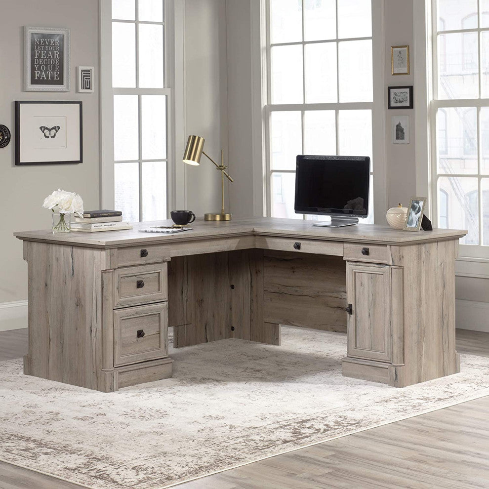 L-Shaped Desk, File Drawer & Single Door Cabinet With Raised Accents, Split Oak