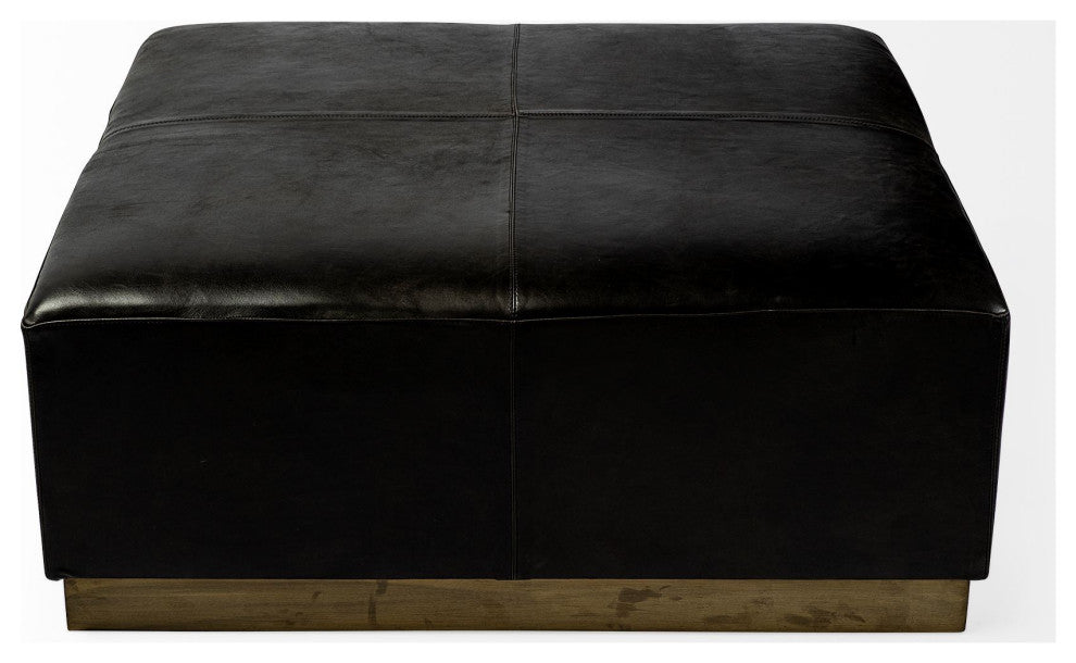 Black Leather Ottoman With Metal Base