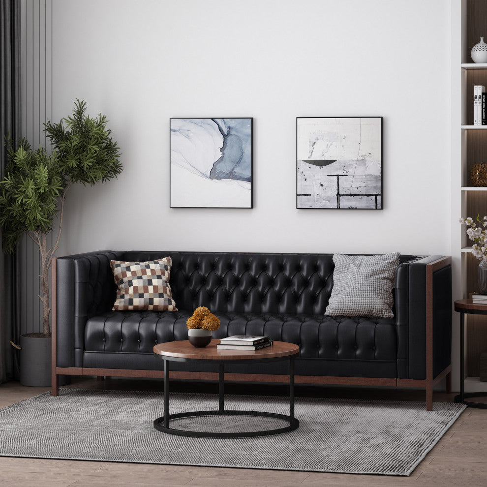 Elias Faux Leather Tufted 3 Seater Sofa, Midnight + Espresso