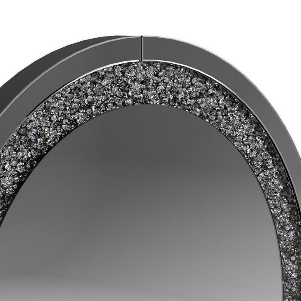 Benzara BM282037 Modern Vanity Wall Mirror, Round, Crystal Frame, Glass, Silver