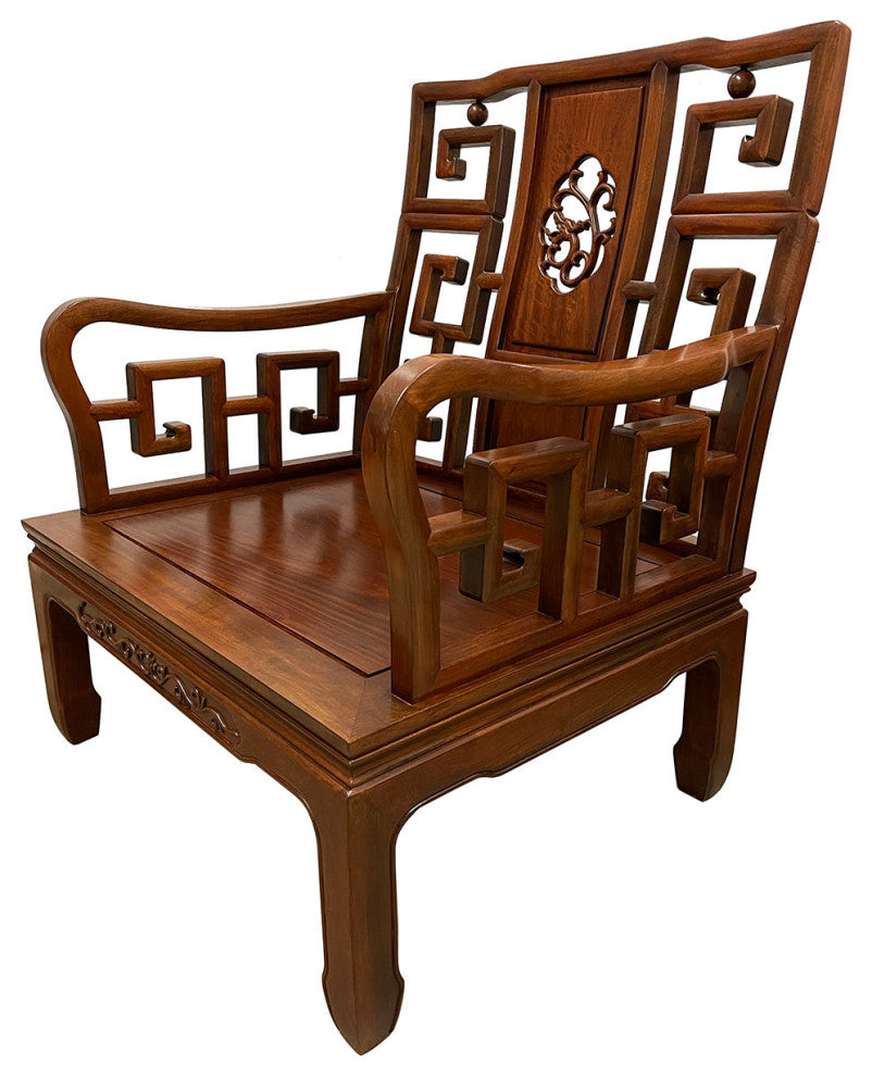 Consigned Vintage Chinese Rosewood Carved Living Room Chair - a Pair