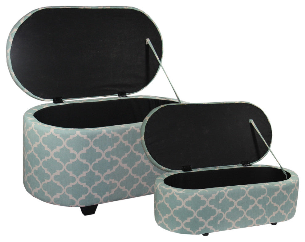 Teal and Cream Quatrefoil Oval Storage Bench