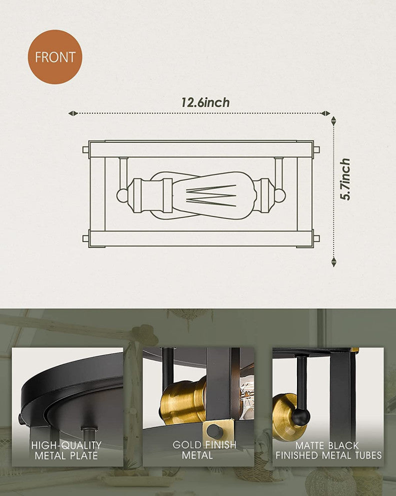 2 Light Industrial Close to Ceiling Light Fixture, Black Metal Frame