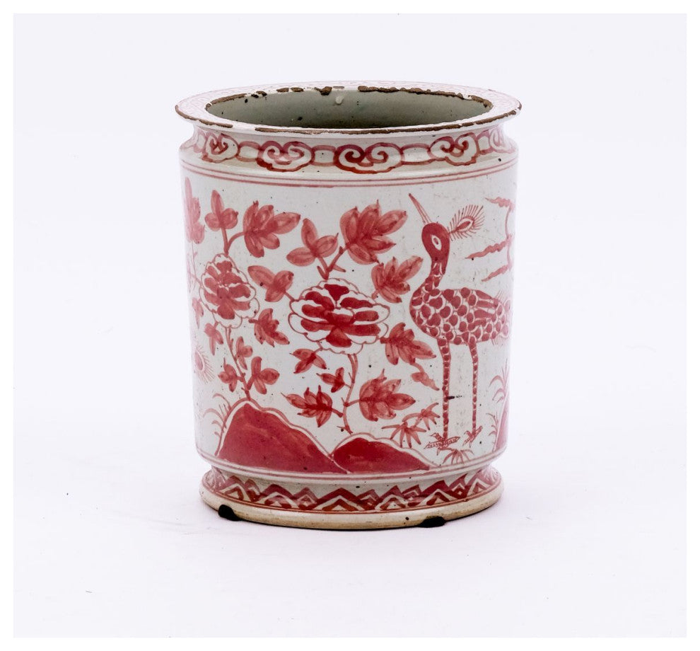 Coral Red Orchid Pot Bird Motif