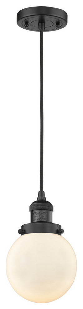 1-Light Beacon 6" Mini Pendant, Matte Black, Glass: Matte White Cased