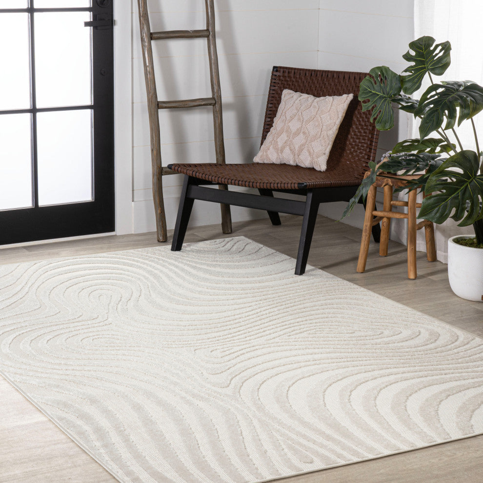 High-Low Groovy Striped Cream/Ivory 5 ft x 8 ft Indoor/Outdoor Area Rug