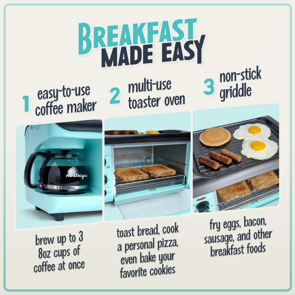 3-in-1 Breakfast Station - Includes Coffee Maker, Non-Stick Griddle, and 4-Slice, Aqua Breakfast Station