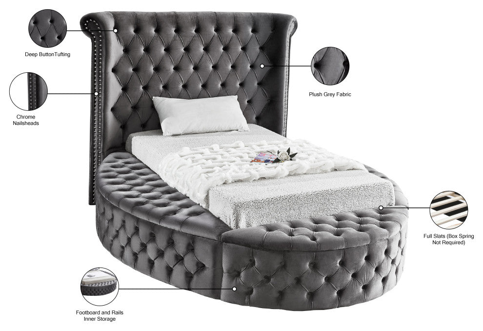 Luxus Button Tufted Velvet Round Bed, Gray, Twin