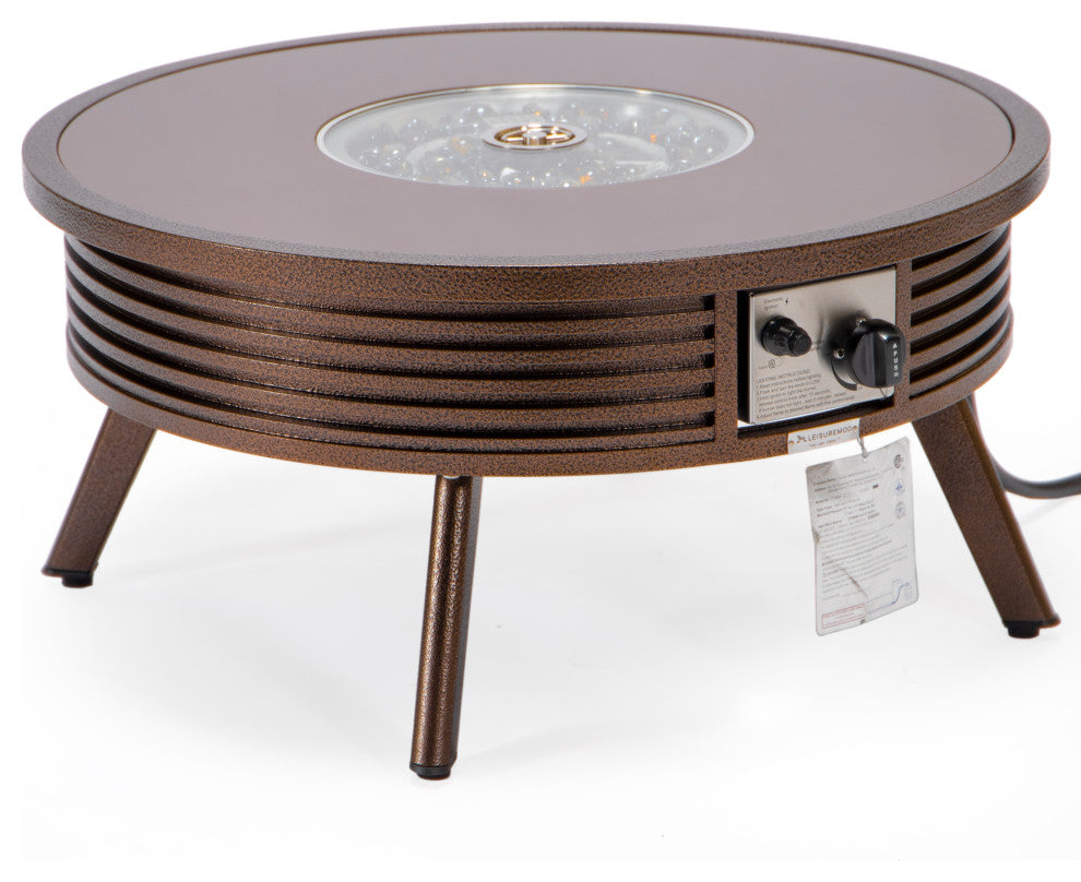 Leisuremod Walbrooke Patio Round Fire Pit Table With Aluminum Slats Frame, Brown