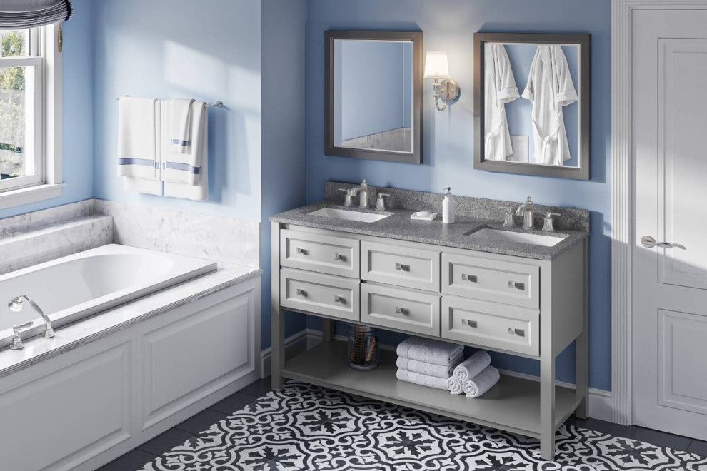 Adler Transitional 60" Grey Double Sink Vanity, Boulder Cultured Marble Vanity T