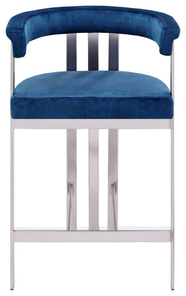 Marcello Upholstered Counter Stool, Navy, Velvet, Brushed Chrome
